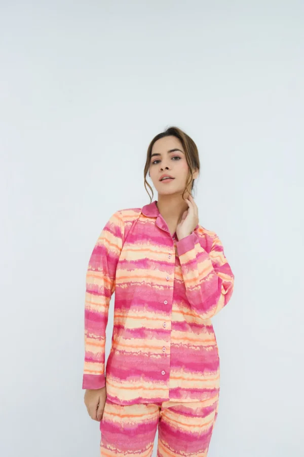 Pinky Winter Cotton Peach Sky Printed Pj Set For Women