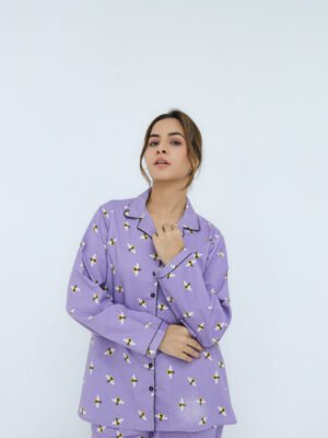 Lite Purple Winter Cotton Bee Printed PJ Set for Women