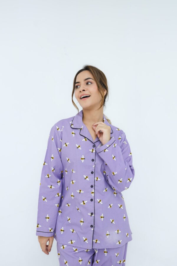 Lite Purple Winter Cotton Bee Printed PJ Set for Women