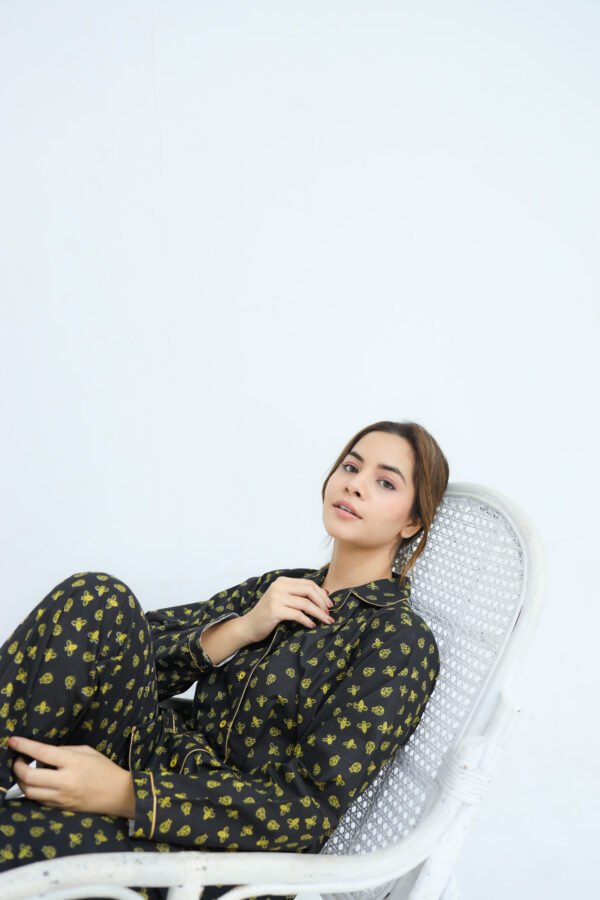 Black Winter Cotton Lady Bug Printed PJ Set for Women