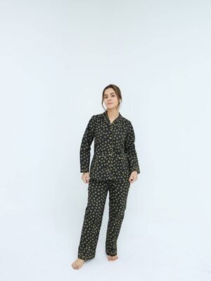 Black Winter Cotton Lady Bug Printed PJ Set for Women