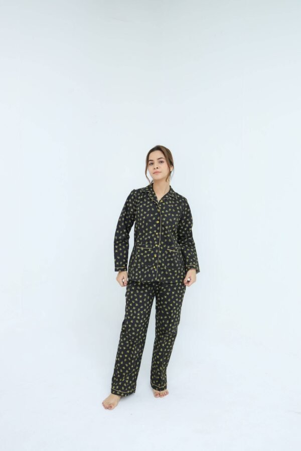 Black Winter Cotton Lady Bug Printed PJ Set for Women