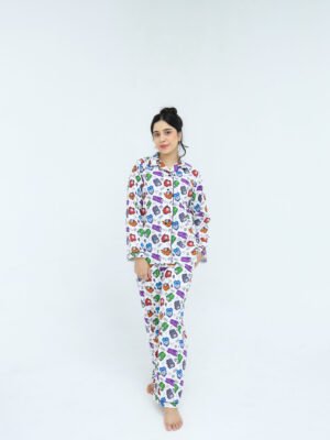 White Winter Cotton Toy Train Printed PJ Set for Women