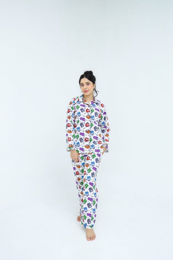 White Winter Cotton Toy Train Printed PJ Set for Women