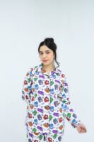 White Winter Cotton Toy Train Printed PJ Set for Women