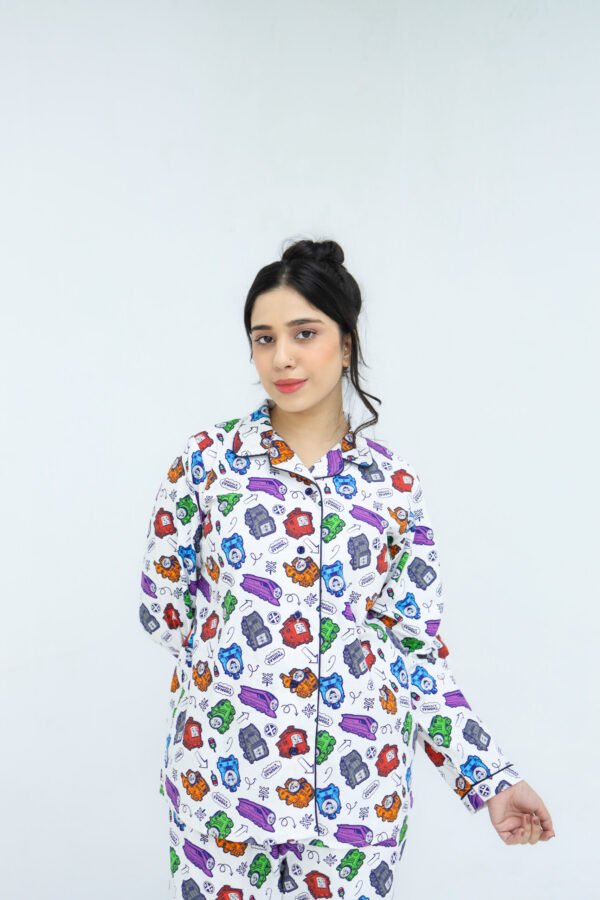White Winter Cotton Toy Train Printed PJ Set for Women