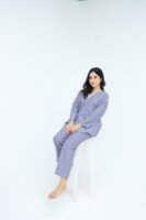 Blue White Cotton Narrow Stripes Printed Robe for Women