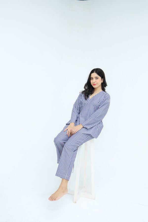Blue White Cotton Narrow Stripes Printed Robe for Women