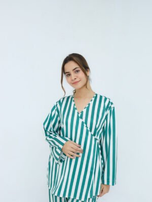 Green Silk Wide Stripes Printed Robe for Women