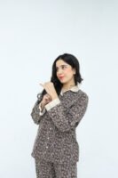 Brown Winter Cotton Leafy Swirls Printed PJ Set for Women