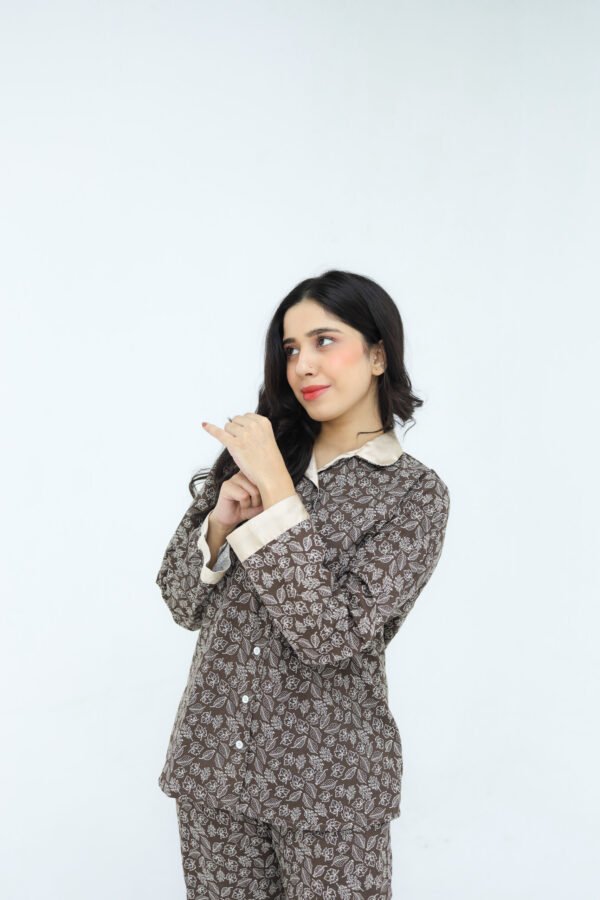Brown Winter Cotton Leafy Swirls Printed PJ Set for Women