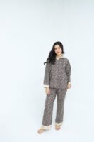 Brown Winter Cotton Leafy Swirls Printed PJ Set for Women