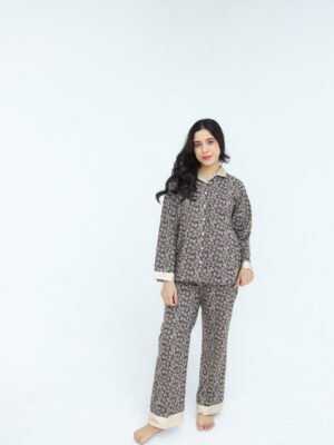 Brown Winter Cotton Leafy Swirls Printed PJ Set for Women