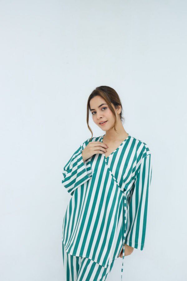 Green Silk Wide Stripes Printed Robe for Women