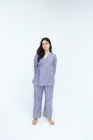 Blue White Cotton Narrow Stripes Printed Robe for Women