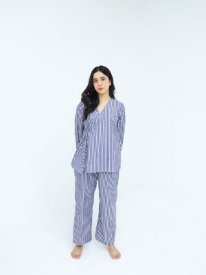 Blue White Cotton Narrow Stripes Printed Robe for Women