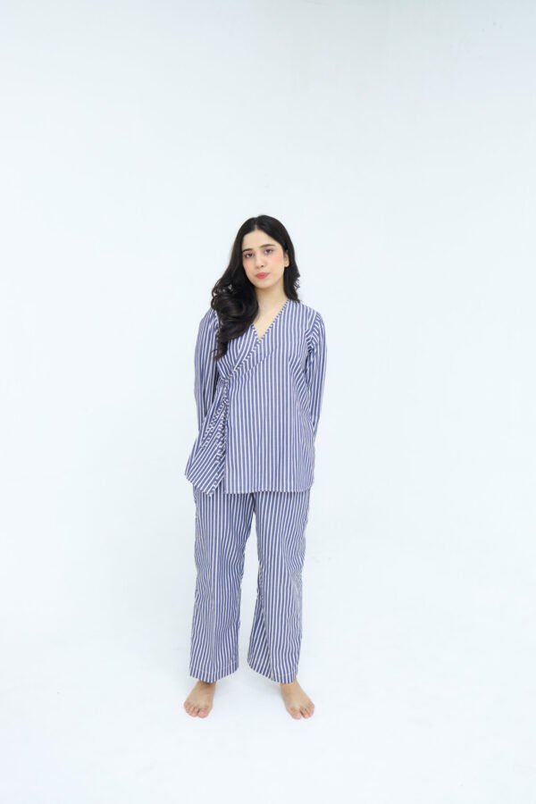 Blue White Cotton Narrow Stripes Printed Robe for Women