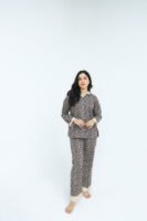 Brown Winter Cotton Leafy Swirls Printed PJ Set for Women