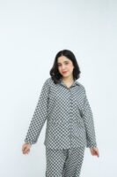 Grey Winter Cotton Gingham Check Printed PJ Set for Women