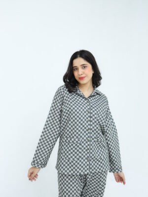 Grey Winter Cotton Gingham Check Printed PJ Set for Women