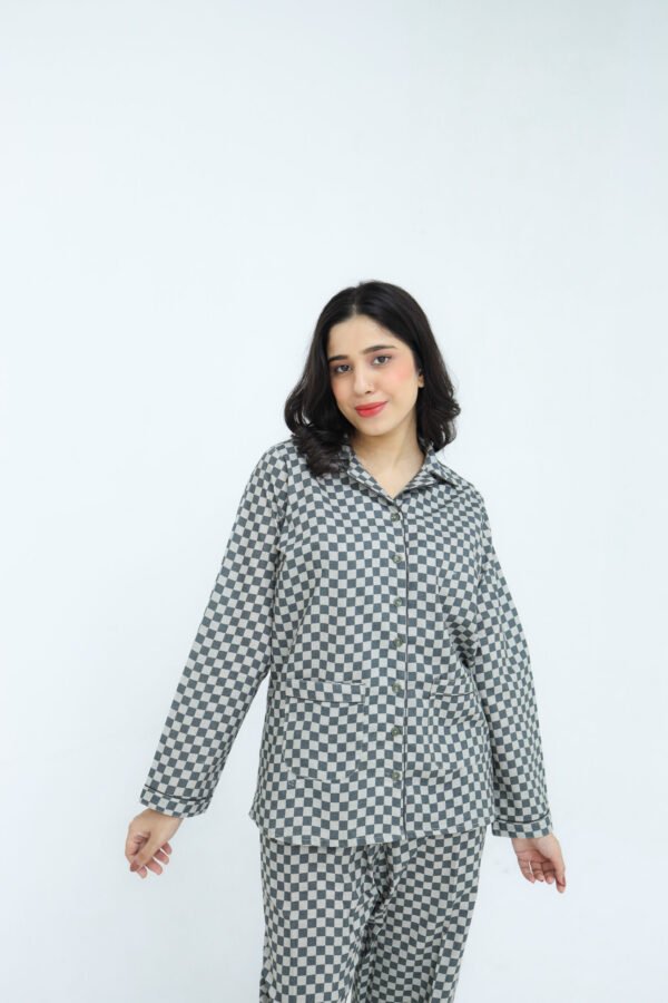 Grey Winter Cotton Gingham Check Printed PJ Set for Women