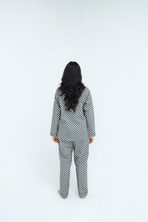 Grey Winter Cotton Gingham Check Printed PJ Set for Women