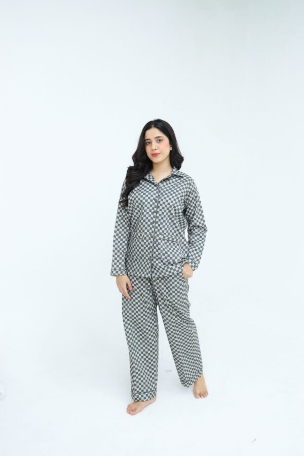 Grey Winter Cotton Gingham Check Printed PJ Set for Women