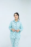 Sky Blue Winter Cotton Alpha Printed PJ Set for Women