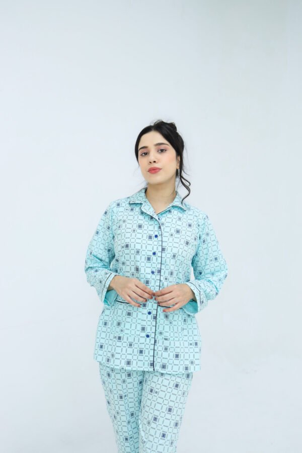 Sky Blue Winter Cotton Alpha Printed PJ Set for Women