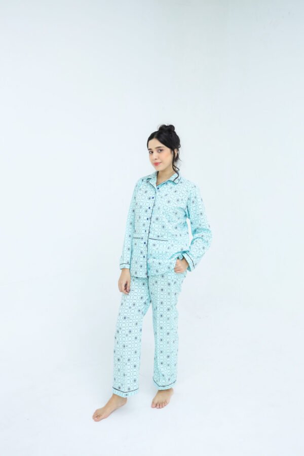 Sky Blue Winter Cotton Alpha Printed PJ Set for Women