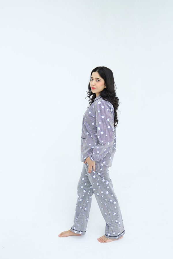 Lite blue Cotton star line Printed PJ Set for Women