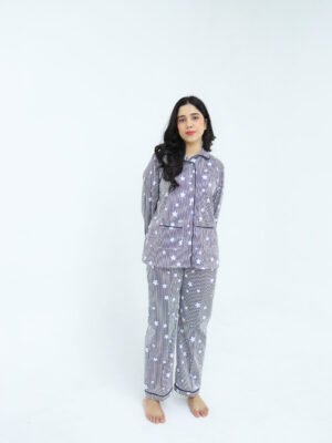 Lite blue Cotton star line Printed PJ Set for Women