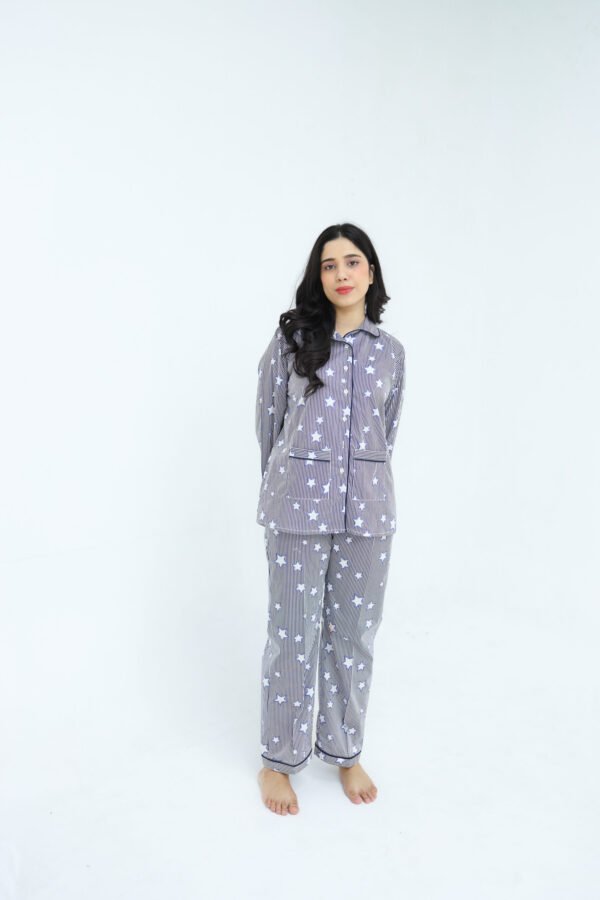 Lite blue Cotton star line Printed PJ Set for Women