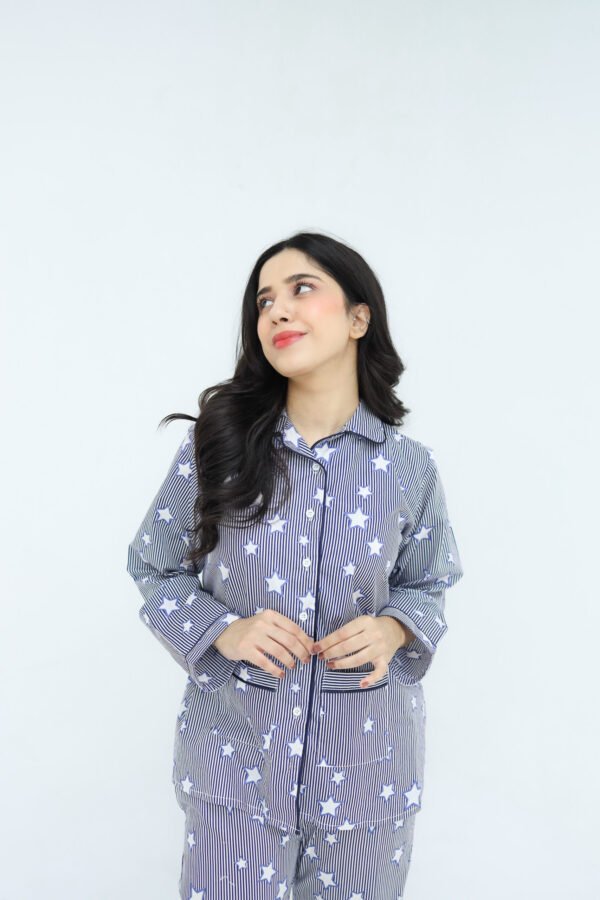 Lite blue Cotton star line Printed PJ Set for Women