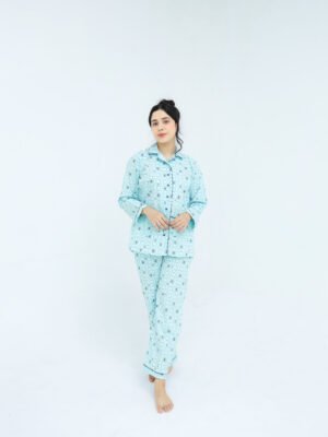 Sky Blue Winter Cotton Alpha Printed PJ Set for Women