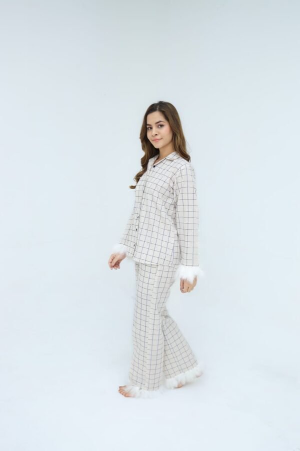 Luxury Creamy White Cotton Check Printed PJ Set for Women