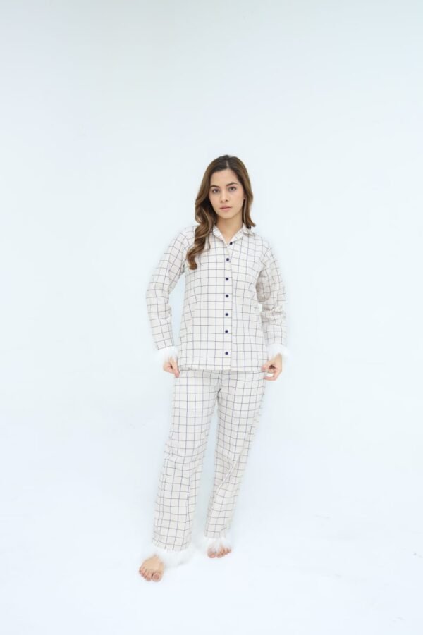 Luxury Creamy White Cotton Check Printed PJ Set for Women