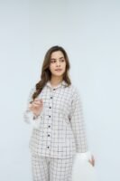 Luxury Creamy White Cotton Check Printed PJ Set for Women
