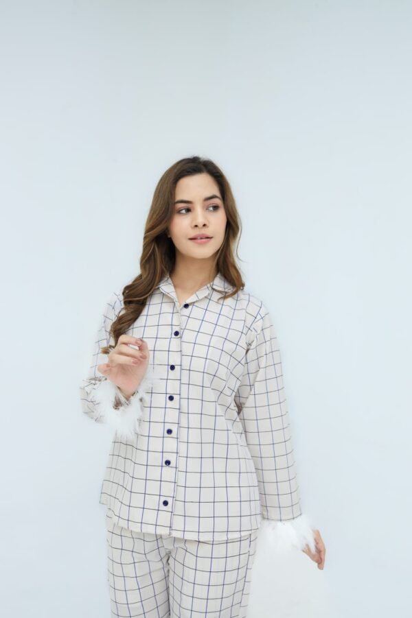 Luxury Creamy White Cotton Check Printed PJ Set for Women
