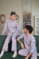 Lite Purple Cambric White Check Printed PJ Set for Couple