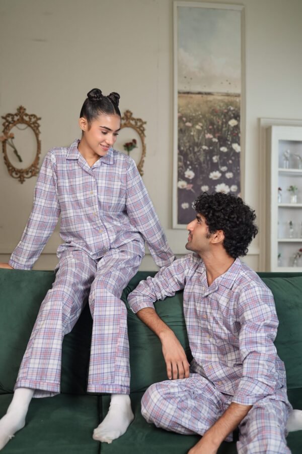 Lite Purple Cambric White Check Printed PJ Set for Couple