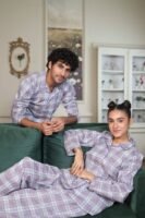 Lite Purple Cambric White Check Printed PJ Set for Couple