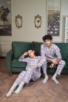 Lite Purple Cambric White Check Printed PJ Set for Couple