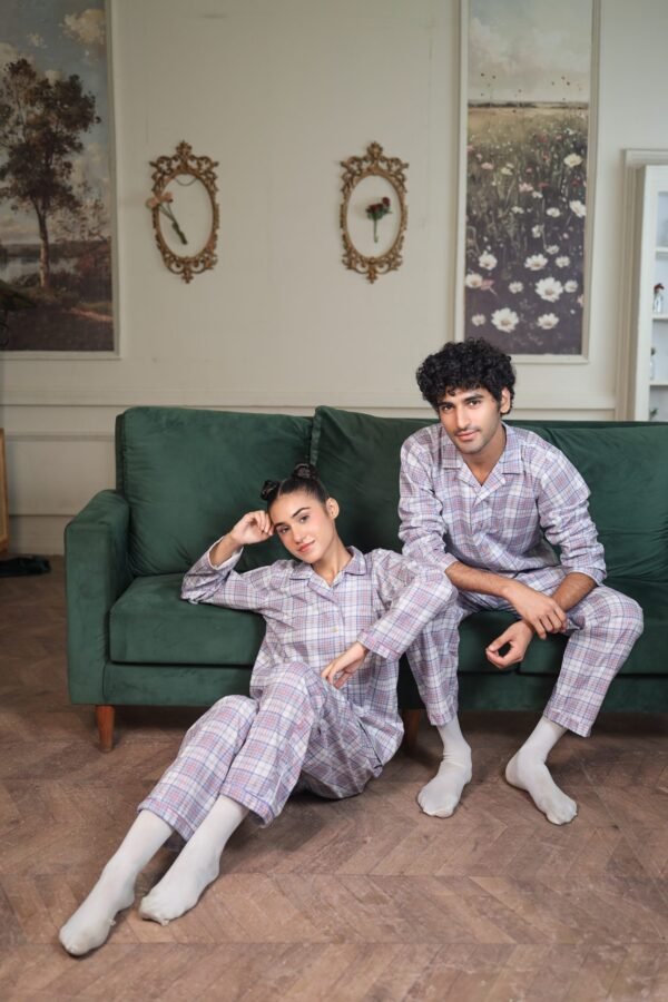 Lite Purple Cambric White Check Printed PJ Set for Couple