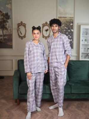 Lite Purple Cambric White Check Printed PJ Set for Couple