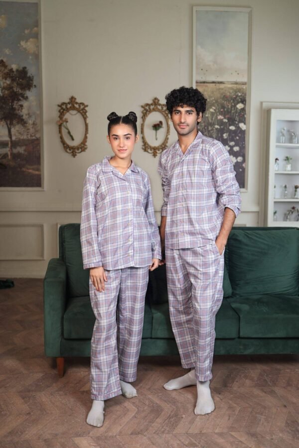 Lite Purple Cambric White Check Printed PJ Set for Couple