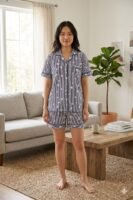 Lite blue Cotton star line Printed Shorts/Shirt Set for Women