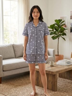 Lite blue Cotton star line Printed Shorts/Shirt Set for Women