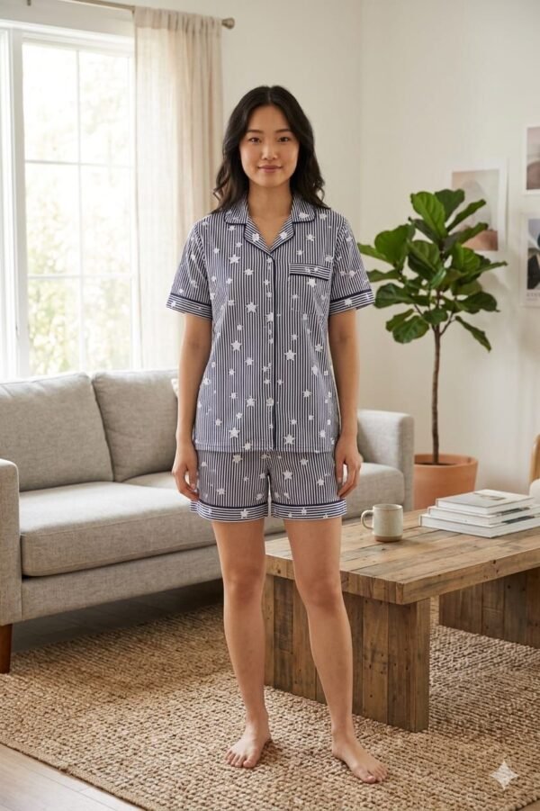Lite blue Cotton star line Printed Shorts/Shirt Set for Women