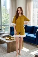 Luxury Mustard Cotton Check Printed Shorts/Shirt Set For Women